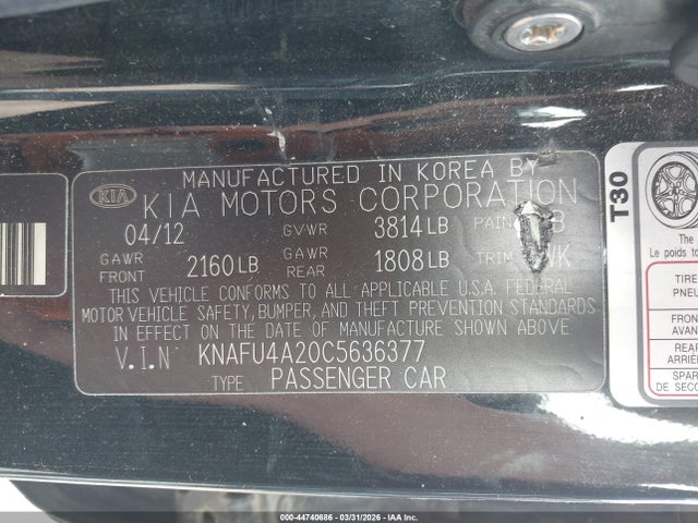 44740686 :رقم المزاد ، KNAFU4A20C5636377 vin ، 2012 Kia Forte Ex مزاد بيع