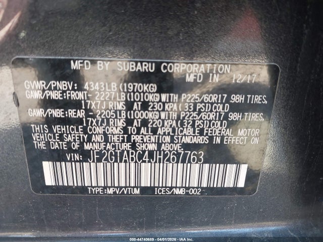 2018 Subaru Crosstrek 2.0i Premium მანქანა იყიდება აუქციონზე, vin: JF2GTABC4JH267763, აუქციონის ნომერი: 44740689