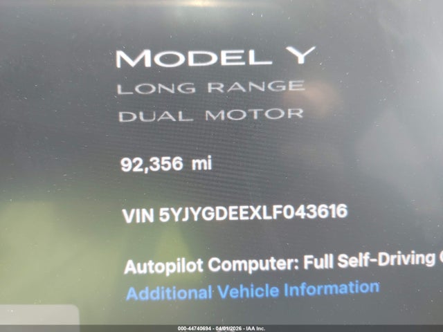 Aukcja sprzedaży 2020 Tesla Model Y Long Range Dual Motor All-wheel Drive, vin: 5YJYGDEEXLF043616, numer aukcji: 44740694