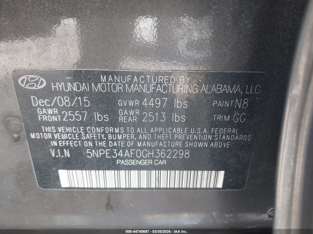 44740697 :رقم المزاد ، 5NPE34AF0GH362298 vin ، 2016 Hyundai Sonata Sport مزاد بيع