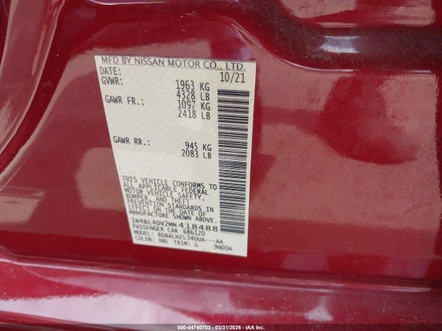 Продаж на аукціоні авто 2021 Nissan Altima Sv Fwd, vin: 1N4BL4DV2MN418488, номер лоту: 44740703