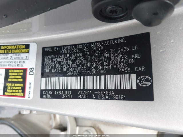 Продаж на аукціоні авто 2021 Lexus Es 300h, vin: 58ADA1C11MU001086, номер лоту: 44740706