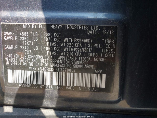Aukcja sprzedaży 2014 Subaru Outback 2.5i Premium, vin: 4S4BRCDC5E3270007, numer aukcji: 44740715