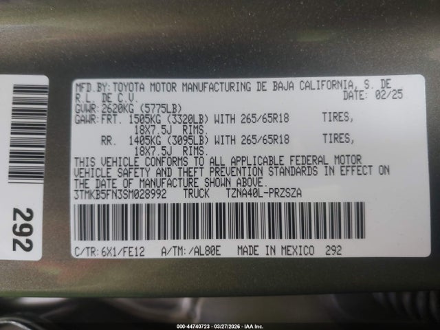 44740723 :رقم المزاد ، 3TMKB5FN3SM028992 vin ، 2025 Toyota Tacoma Trd Sport مزاد بيع