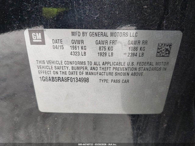 44740722 :رقم المزاد ، 1G6AB5RA8F0134998 vin ، 2015 Cadillac Ats Luxury مزاد بيع