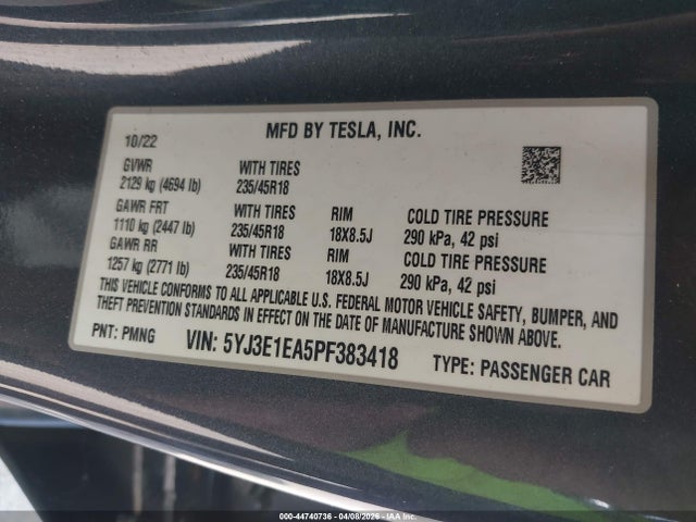 Auction sale of the 2023 Tesla Model 3 Rear-wheel Drive, vin: 5YJ3E1EA5PF383418, lot number: 44740736