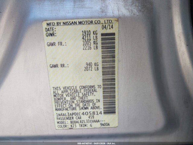 1N4AL3AP0EC405814 Nissan Altima 2.5/2.5 S/2.5 Sl/2.5 Sv