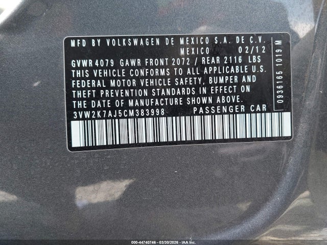 44740746 :رقم المزاد ، 3VW2K7AJ5CM383998 vin ، 2012 Volkswagen Jetta 2.0l S مزاد بيع