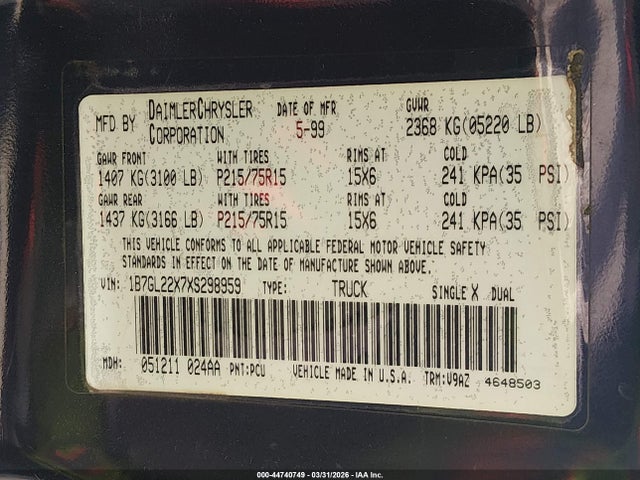 1999 Dodge Dakota Slt/sport მანქანა იყიდება აუქციონზე, vin: 1B7GL22X7XS298959, აუქციონის ნომერი: 44740749