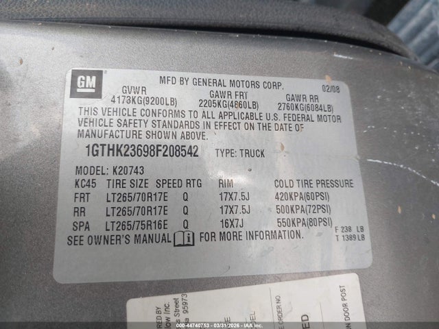 Aukcja sprzedaży 2008 Gmc Sierra 2500hd Sle1, vin: 1GTHK23698F208542, numer aukcji: 44740753