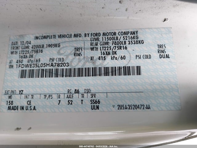 44740762 :رقم المزاد ، 1FDWE35L05HA78203 vin ، 2005 Ford E-350 Cutaway Standard مزاد بيع
