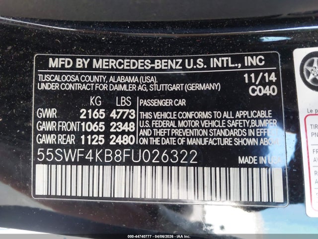 Продаж на аукціоні авто 2015 Mercedes-benz C 300 4matic, vin: 55SWF4KB8FU026322, номер лоту: 44740777