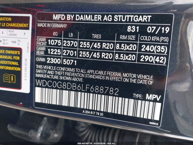 Aukcja sprzedaży 2020 Mercedes-benz Glc 300, vin: WDC0G8DB6LF688782, numer aukcji: 44740779