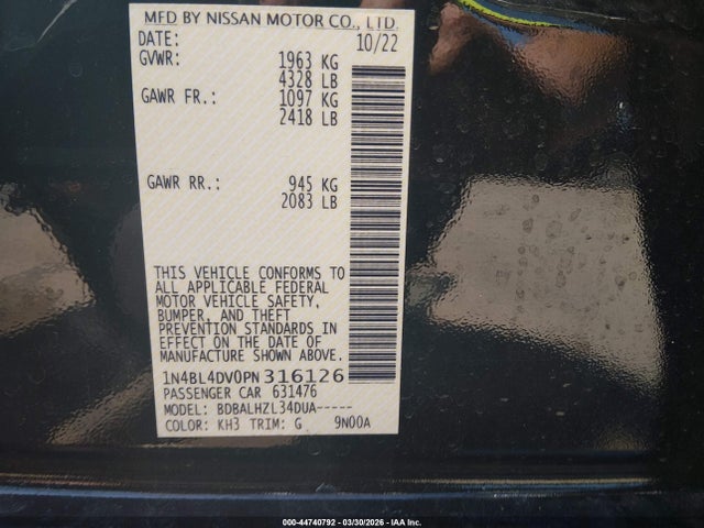 44740792 :رقم المزاد ، 1N4BL4DV0PN316126 vin ، 2023 Nissan Altima Sv Fwd مزاد بيع