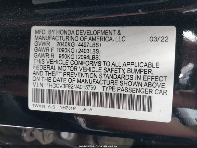 2022 HONDA ACCORD HYBRID 1HGCV3F92NA015799 Photo 8