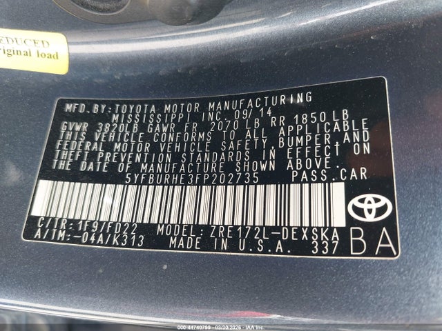 44740799 :رقم المزاد ، 5YFBURHE3FP202735 vin ، 2015 Toyota Corolla S مزاد بيع