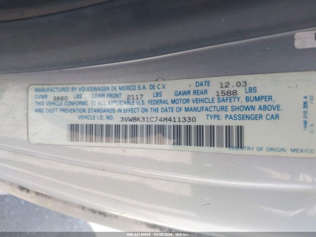 Aukcja sprzedaży 2004 Volkswagen New Beetle Gl, vin: 3VWBK31C74M411330, numer aukcji: 44740805