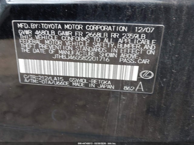 Aukcja sprzedaży 2008 Lexus Es 350, vin: JTHBJ46G582201716, numer aukcji: 44740813