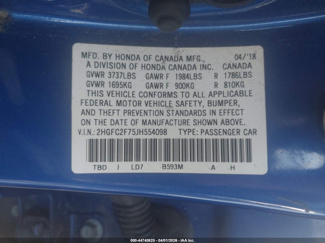 Honda CIVIC EX 2018 2HGFC2F75JH554098 Image 9