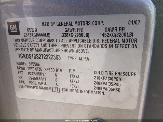 Aukcja sprzedaży 2007 Gmc Envoy Sle, vin: 1GKDS13S272222363, numer aukcji: 44740829