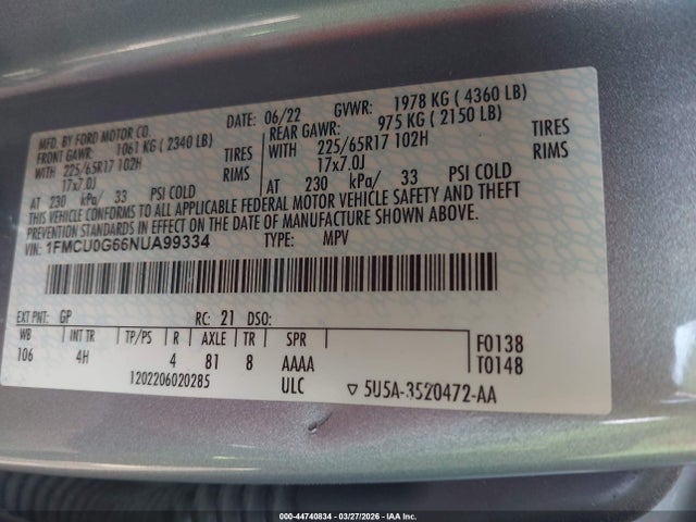 Продаж на аукціоні авто 2022 Ford Escape Se, vin: 1FMCU0G66NUA99334, номер лоту: 44740834