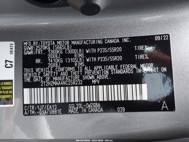 2022 Lexus Rx 350 მანქანა იყიდება აუქციონზე, vin: 2T2HZMAA4NC258232, აუქციონის ნომერი: 44740835