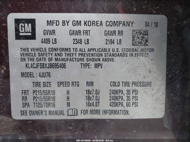 44740859 :رقم المزاد ، KL4CJFSBXJB695406 vin ، 2018 Buick Encore Preferred Ii مزاد بيع