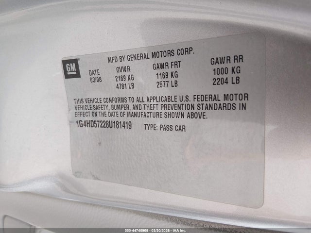 44740905 :رقم المزاد ، 1G4HD57228U181419 vin ، 2008 Buick Lucerne Cxl مزاد بيع