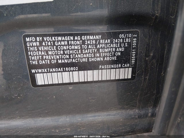 44740918 :رقم المزاد ، WVWXK7AN0AE160802 vin ، 2010 Volkswagen Passat Komfort مزاد بيع