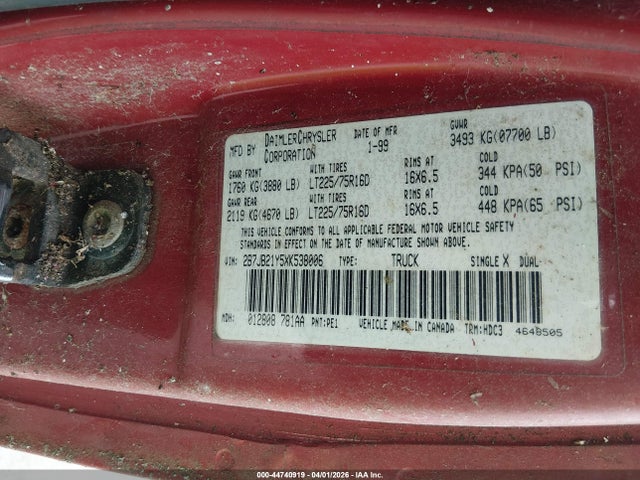 Продаж на аукціоні авто 1999 Dodge Ram Van 2500 Commercial/commercial Maxi/conversion, vin: 2B7JB21Y5XK538006, номер лоту: 44740919