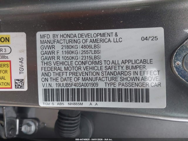 44740925 :رقم المزاد ، 19UUB5F40SA001909 vin ، 2025 Acura Tlx Technology Package مزاد بيع