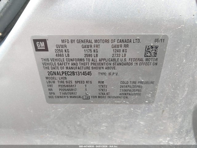 Aukcja sprzedaży 2011 Chevrolet Equinox 2lt, vin: 2GNALPEC2B1314545, numer aukcji: 44740930