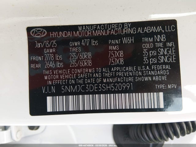 Aukcja sprzedaży 2025 Hyundai Tucson Sel Convenience, vin: 5NMJC3DE3SH520991, numer aukcji: 44740936