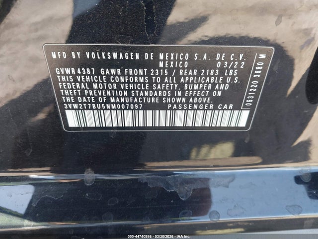 2022 Volkswagen Jetta Gli 2.0t Autobahn მანქანა იყიდება აუქციონზე, vin: 3VW2T7BU5NM007097, აუქციონის ნომერი: 44740986