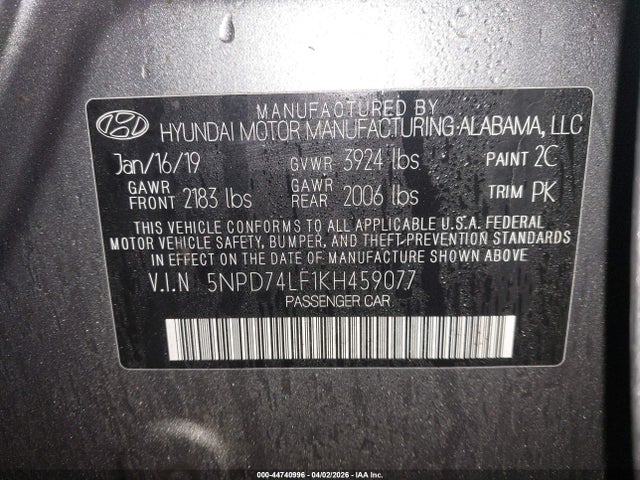 Aukcja sprzedaży 2019 Hyundai Elantra Se, vin: 5NPD74LF1KH459077, numer aukcji: 44740996