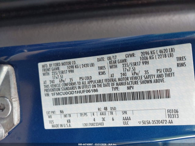 Продажа на аукционе авто 2017 Ford Escape Se, vin: 1FMCU0GD1HUF06186, номер лота: 44740997
