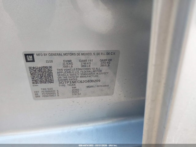Aukcja sprzedaży 2018 Gmc Sierra 1500 Slt, vin: 3GTP1NEC6JG630209, numer aukcji: 44741003