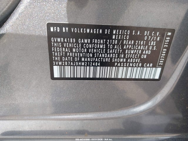 Auction sale of the 2017 Volkswagen Jetta 1.4t S, vin: 3VW2B7AJ9HM212484, lot number: 44741008