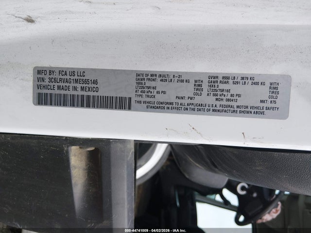 2021 Ram Promaster 1500 Low Roof 136 Wb მანქანა იყიდება აუქციონზე, vin: 3C6LRVAG1ME565146, აუქციონის ნომერი: 44741009