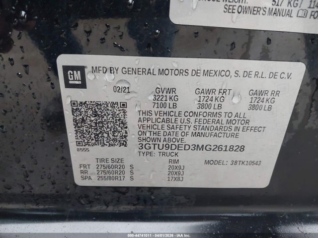 44741011 :رقم المزاد ، 3GTU9DED3MG261828 vin ، 2021 Gmc Sierra 1500 مزاد بيع
