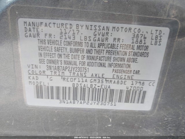 44741012 :رقم المزاد ، 3N1AB7AP2JY230751 vin ، 2018 Nissan Sentra S مزاد بيع