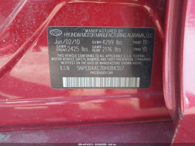 44741013 :رقم المزاد ، 5NPEB4AC7BH084307 vin ، 2011 Hyundai Sonata Gls مزاد بيع