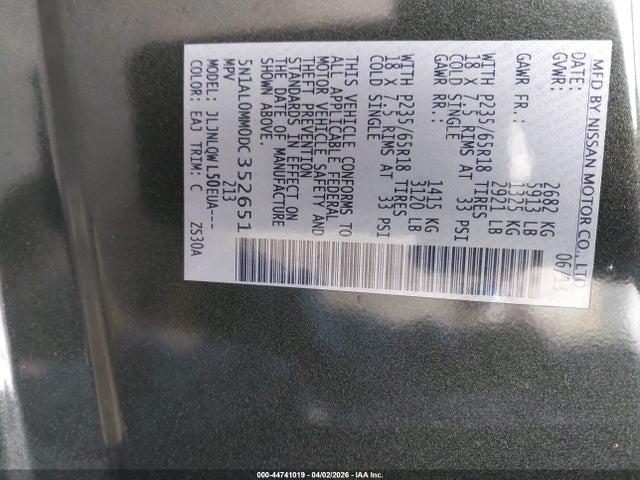 44741019 :رقم المزاد ، 5N1AL0MM0DC352651 vin ، 2013 Infiniti Jx35 مزاد بيع