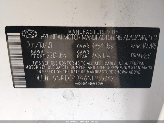 Aukcja sprzedaży 2022 Hyundai Sonata Se, vin: 5NPEG4JA6NH135249, numer aukcji: 44741022