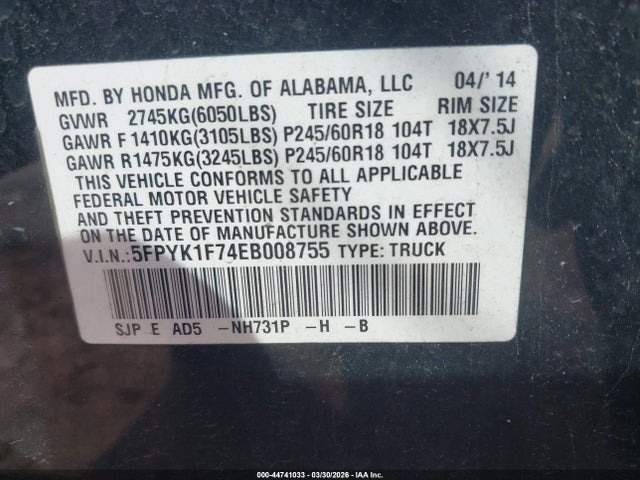 2014 HONDA RIDGELINE 5FPYK1F74EB008755 Photo 8
