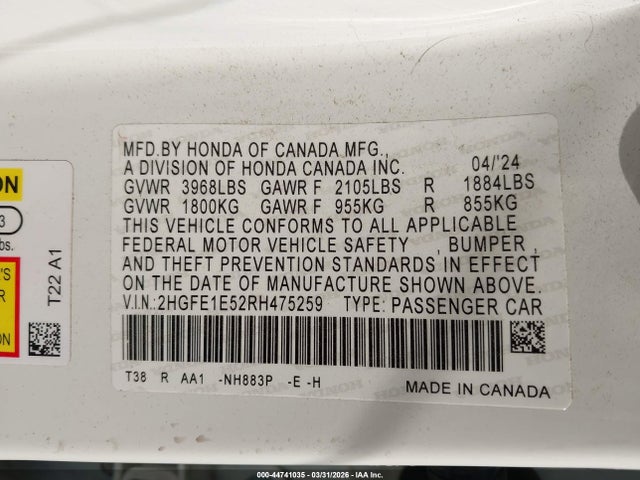 Продажа на аукционе авто 2024 Honda Civic Si Sedan, vin: 2HGFE1E52RH475259, номер лота: 44741035
