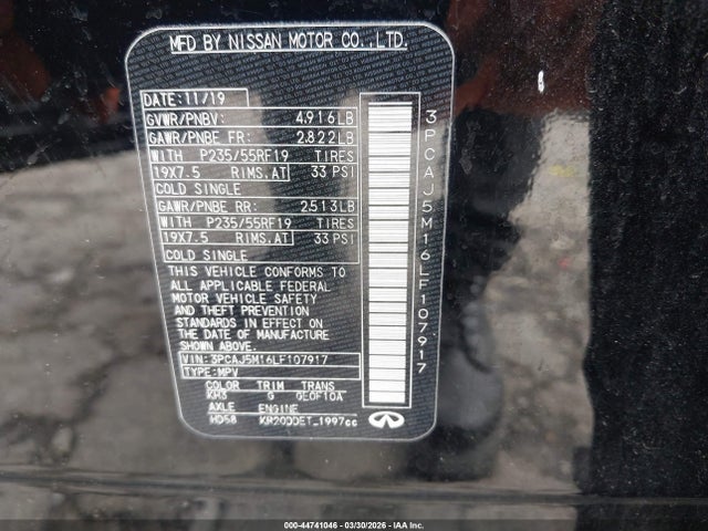 44741046 :رقم المزاد ، 3PCAJ5M16LF107917 vin ، 2020 Infiniti Qx50 Essential مزاد بيع
