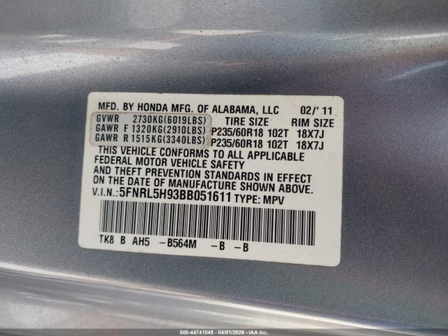 2011 HONDA ODYSSEY 5FNRL5H93BB051611 Photo 8