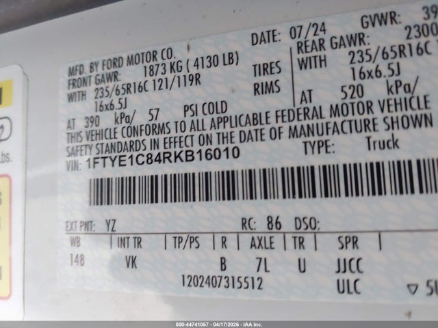 44741057 :رقم المزاد ، 1FTYE1C84RKB16010 vin ، 2024 Ford Transit-150 مزاد بيع