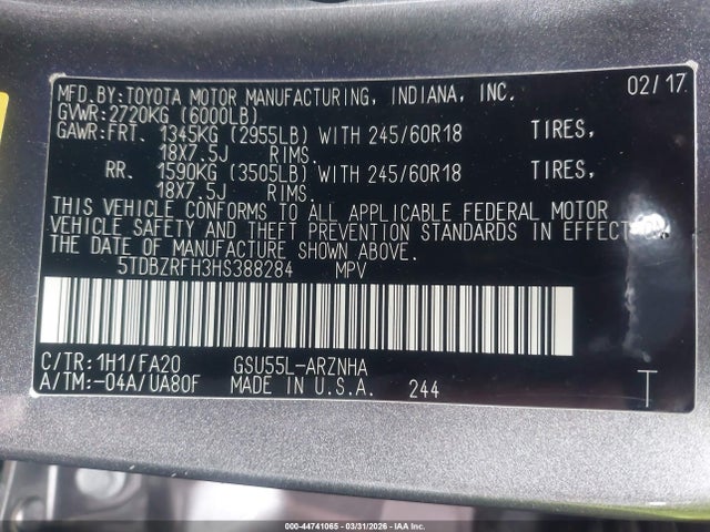 Toyota Highlander Le Plus 2017 5TDBZRFH3HS388284 Image 9